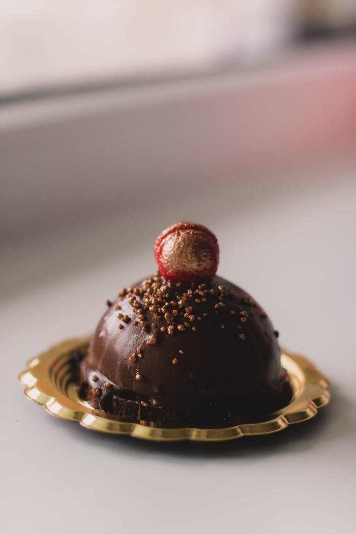 Luxurious chocolate dessert on gold plate with red candy topping, perfect for indulgence.